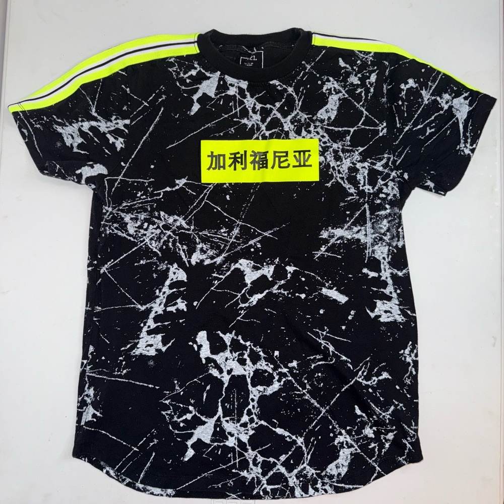 RUE21 Black and White Paint Splattered Graphic T-Shirt with Neon Accents